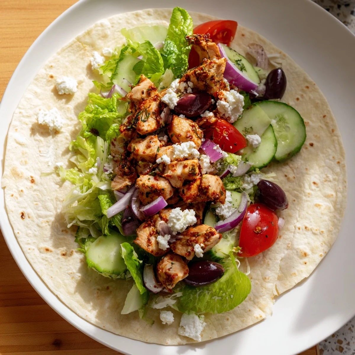 This easy Greek Lemon Chicken Salad Wrap features flavorful chicken and a fresh, crunchy Greek salad.