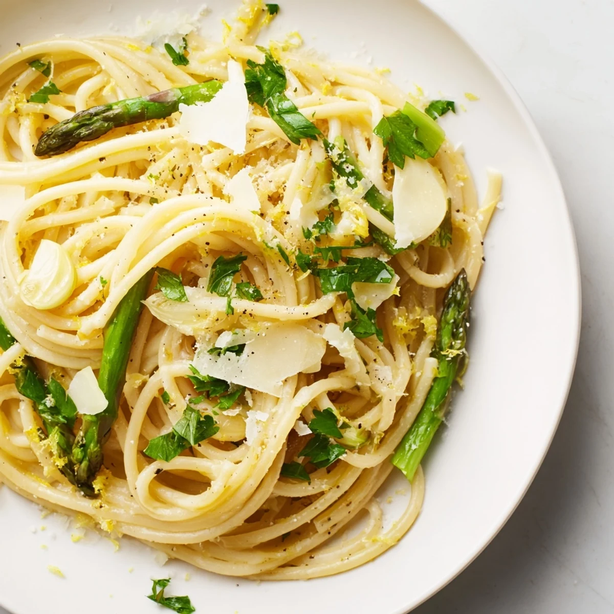Roasted garlic and asparagus pasta, a beautiful plate with vibrant green asparagus and pasta.