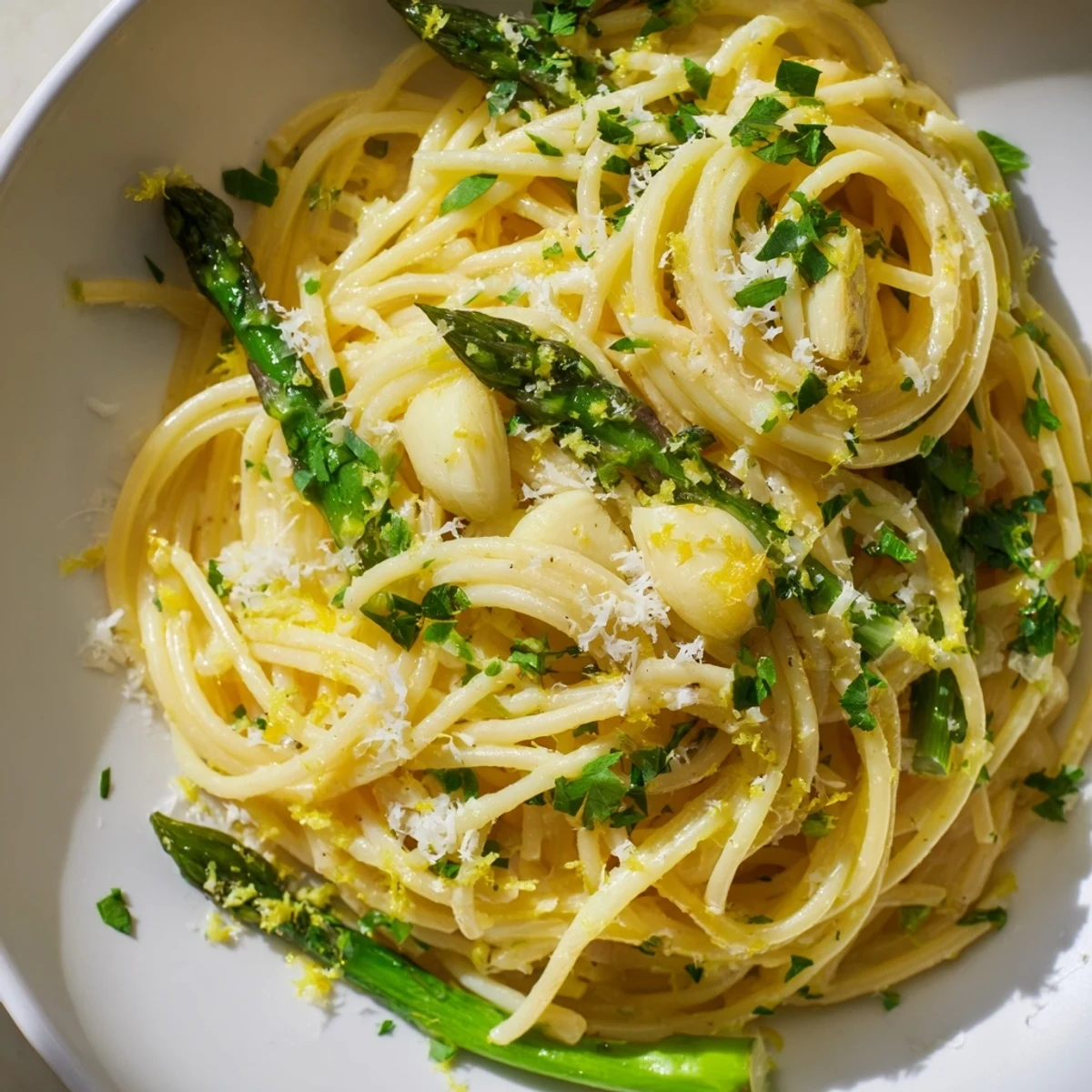 This flavorful Roasted Garlic & Asparagus Pasta dish features tender asparagus with roasted garlic.