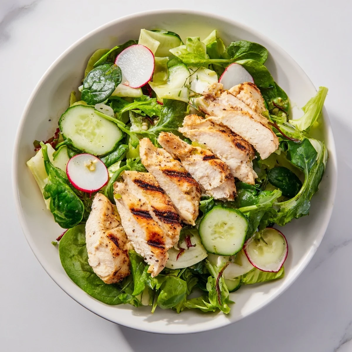 Delicous Spring Detox Chicken Salad with grilled chicken and fresh, bright vegetables.