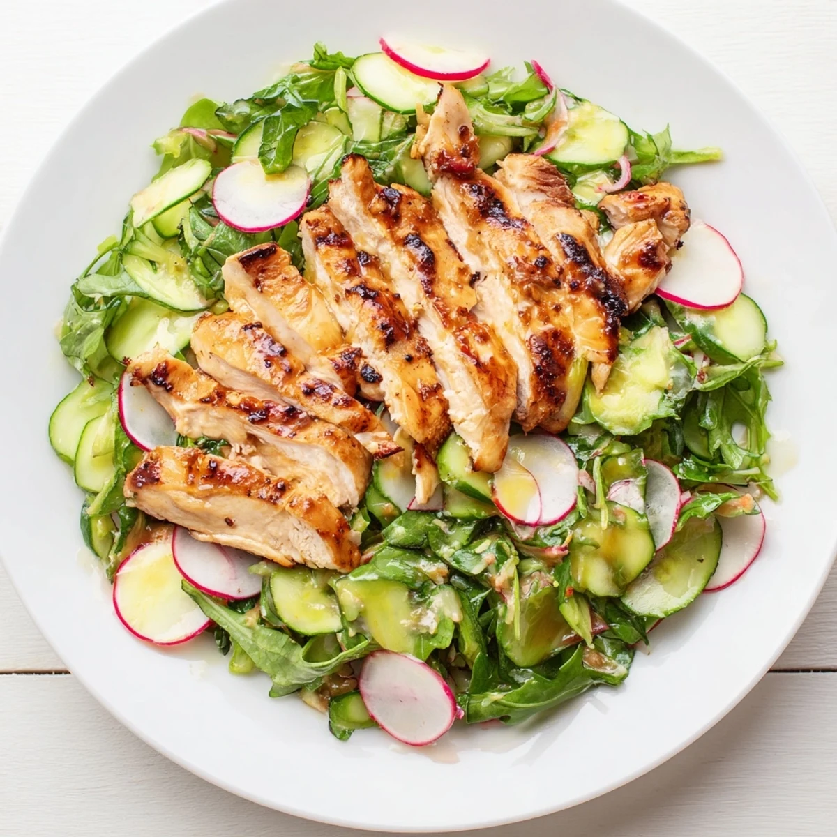 Fresh Spring Detox Chicken Salad, served with a sunny lemon slice and crunchy radishes.