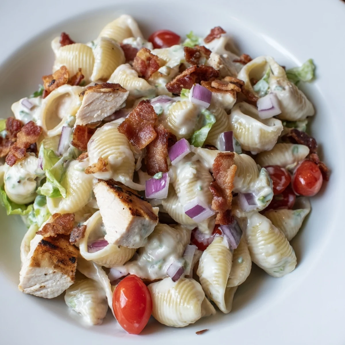 BLT Chicken Pasta Salad, bursting with fresh tomatoes, crisp bacon, and creamy dressing, ready to enjoy.