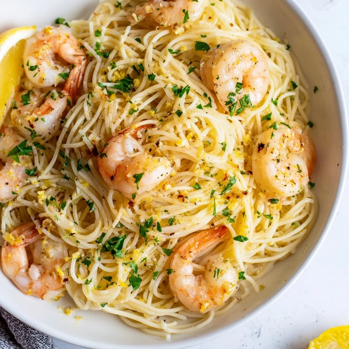 Soczysty Lemon Butter Shrimp Pasta, z krewetkami w cytrynowo-czosnkowym sosie, obsypana zieloną pietruszką.
