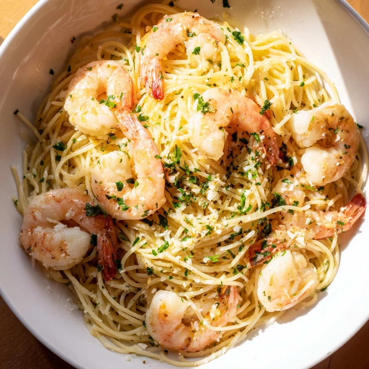 Apetyczny widok Lemon Butter Shrimp Pasta: krewetki w maślanym sosie z cytryną, idealne na szybki obiad.