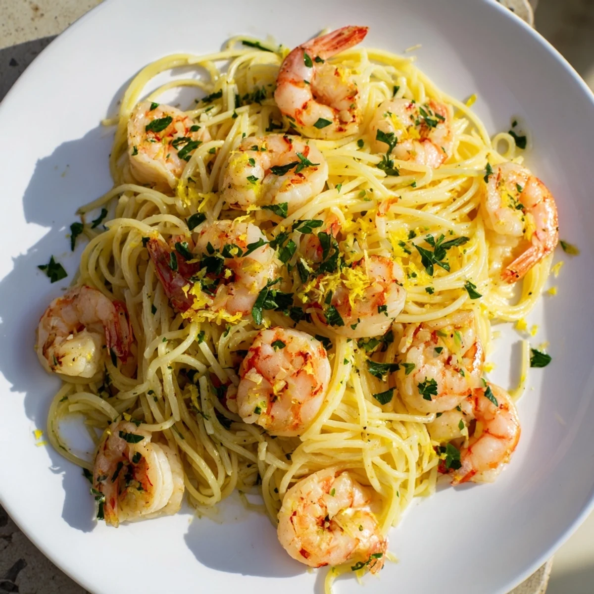 Pyszna Lemon Butter Shrimp Pasta z delikatnym makaronem, idealna propozycja dla miłośników owoców morza.
