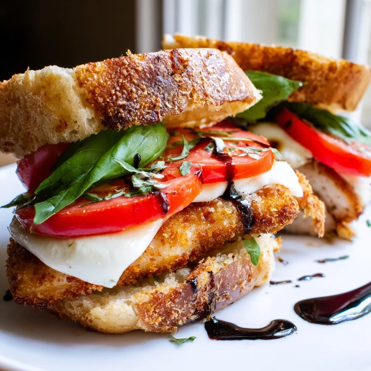Złoty, chrupiący Crispy Chicken Caprese Sandwich z topioną mozzarellą i świeżą bazylią.