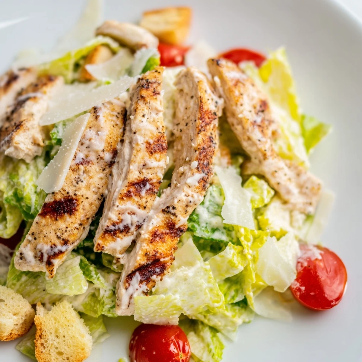 Grilled chicken strips atop a vibrant Yogurt Caesar Grilled Chicken Salad, ready to eat and enjoy.