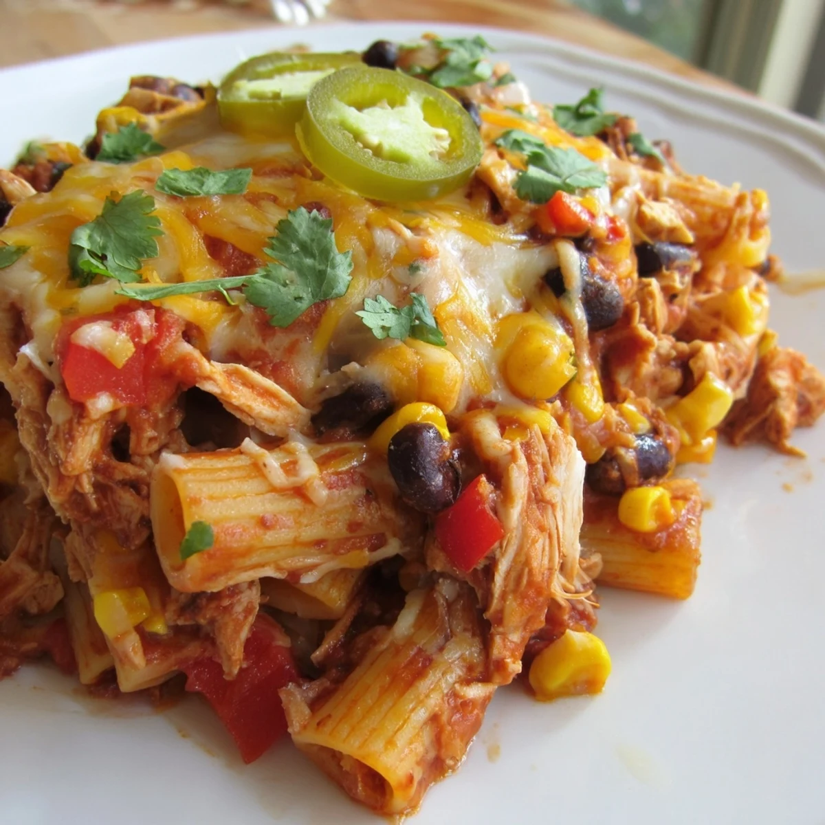 Creamy and cheesy Chicken Burrito Pasta Bake, a Tex-Mex comfort food casserole ready to serve.