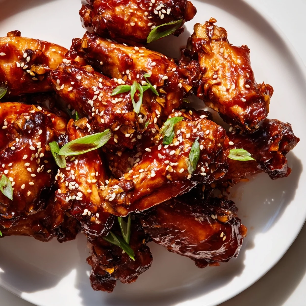 Sticky Coca Cola Chicken Wings glistening with glossy sauce, garnished with fresh scallions and sesame seeds, served hot on a platter.