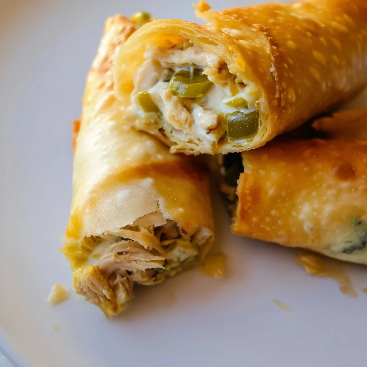 Golden-brown, crispy Mini Chicken Chimis with Jalapeño Cream Cheese rest on a platter with green enchilada sauce for dipping.