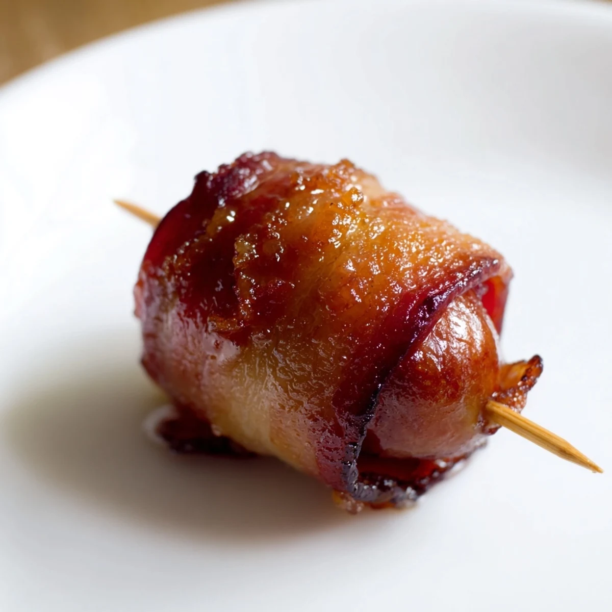 Crispy, smoky bacon encasing mini cocktail sausages, drizzled with sweet maple glaze on a rustic board.