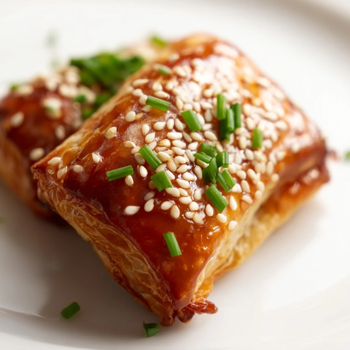 Golden-brown Pepper Jelly Hogs in a Blanket, glistening with a vibrant red jelly glaze, ready to serve at a party.