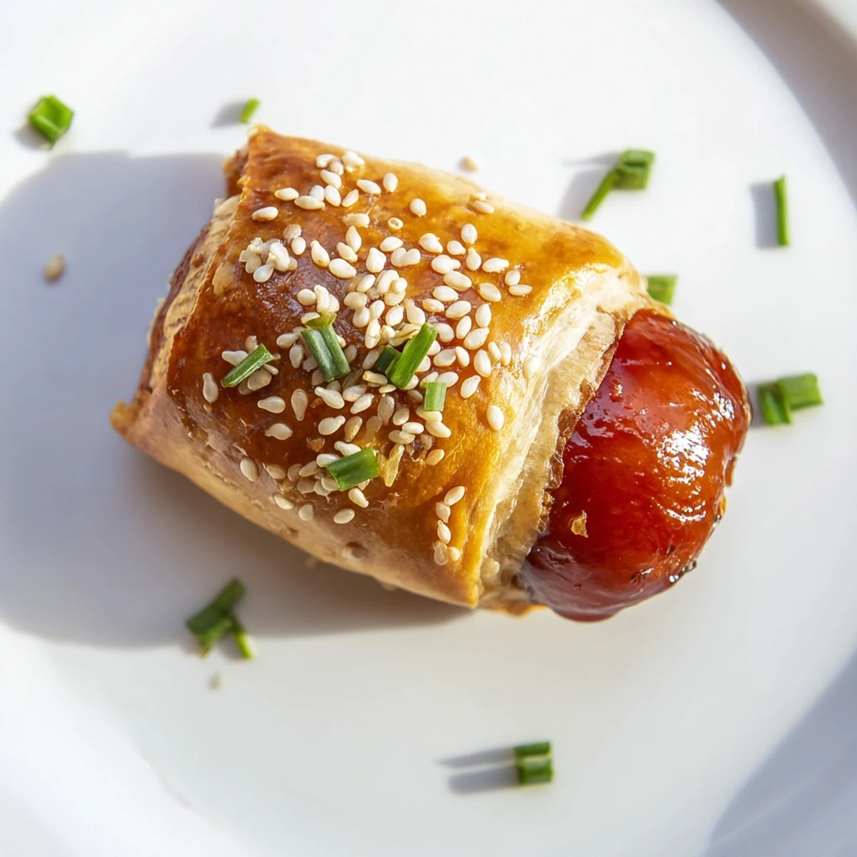 Flaky, buttery Pepper Jelly Hogs in a Blanket baked to perfection, with juicy mini sausages inside and a sweet-spicy glaze.