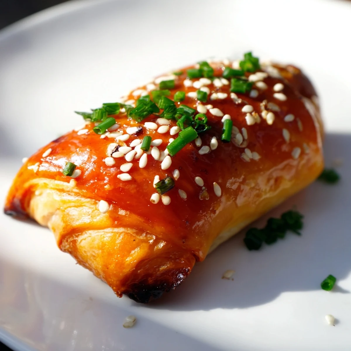Close-up of Pepper Jelly Hogs in a Blanket on a platter, garnished with fresh chives and sesame seeds for a festive touch.