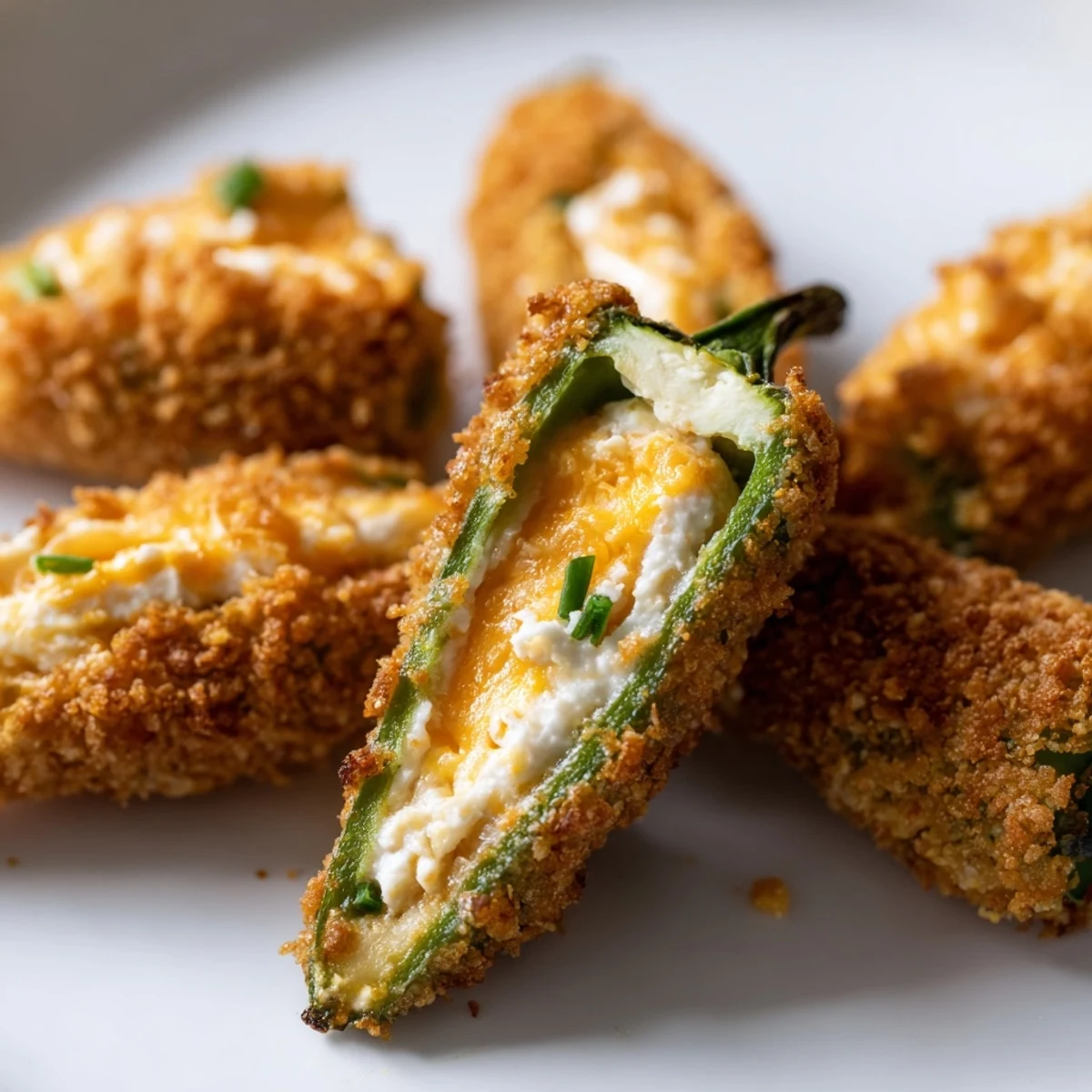 Pyszne, puszyste nadzienie serowe wypełnia ostro pieczone połówki papryki jalapeño.