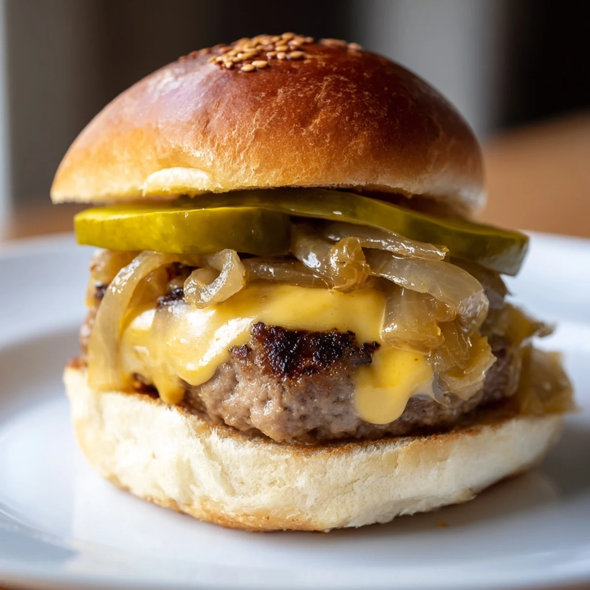 Freshly baked Touchdown Brat Sliders stacked high, featuring juicy bratwurst patties and tangy dill pickles.  
