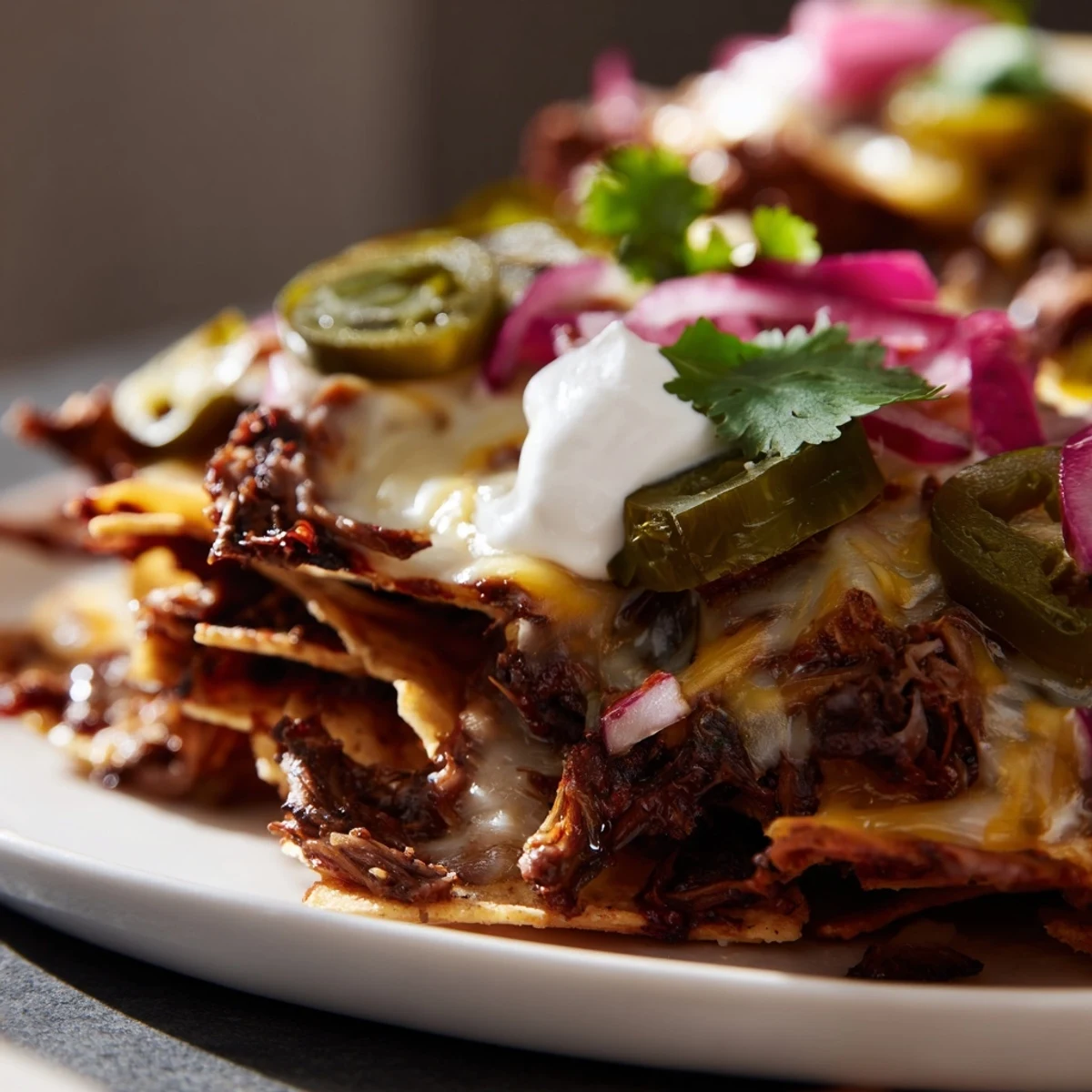 Golden BBQ beef nachos served on a platter, garnished with cilantro and red onion, perfect for game day.
