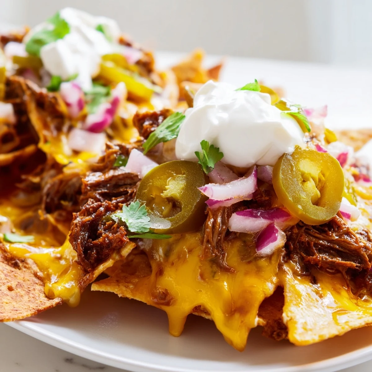 A close-up of baked BBQ beef nachos featuring melted cheese, sour cream drizzle, and pickled jalapeños.  