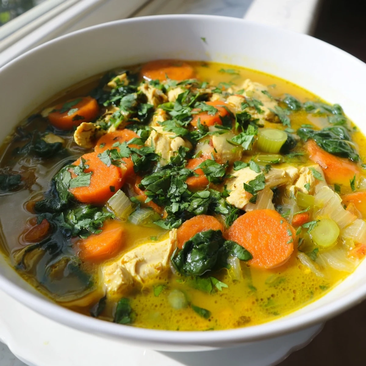 Rozgrzewająca zupa z kurczaka z kurkumą, z dodatkiem marchewki, selera i świeżej pietruszki w głębokim talerzu.  