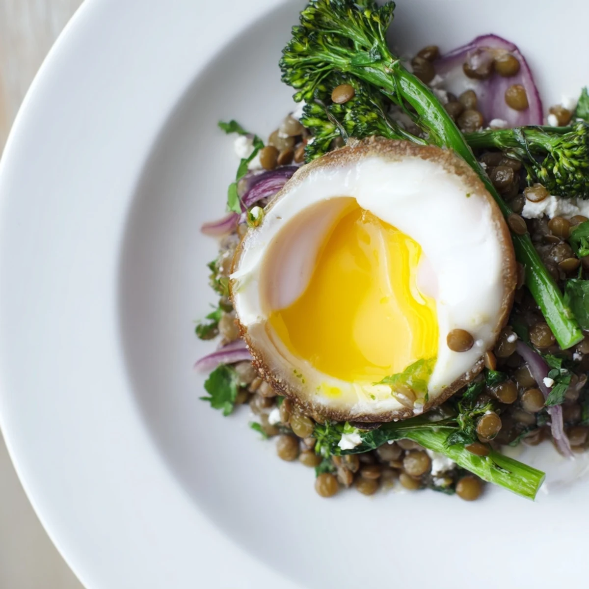 French Lentil Salad With Broccolini and Soft-Cooked Eggs arranged in a ceramic bowl, featuring vibrant green broccolini and jammy halved eggs.