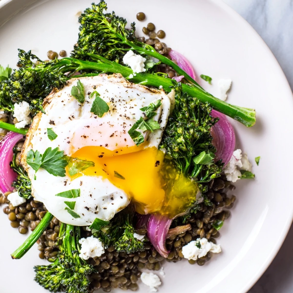 A close-up of French Lentil Salad With Broccolini and Soft-Cooked Eggs, topped with crumbled goat cheese and drizzled with tangy Dijon vinaigrette.