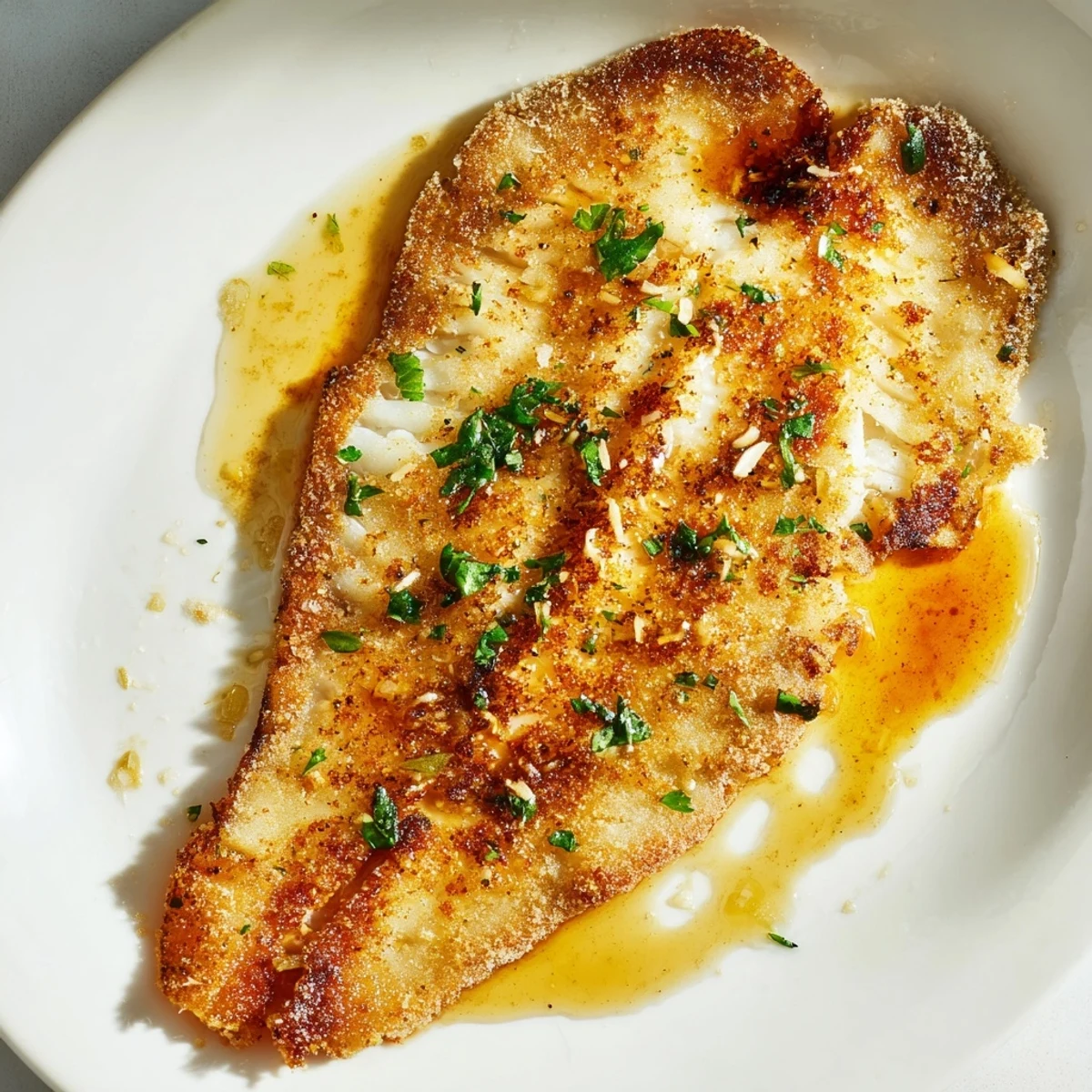 Golden brown Flounder Meunière fillets drenched in lemon-brown butter sauce.
