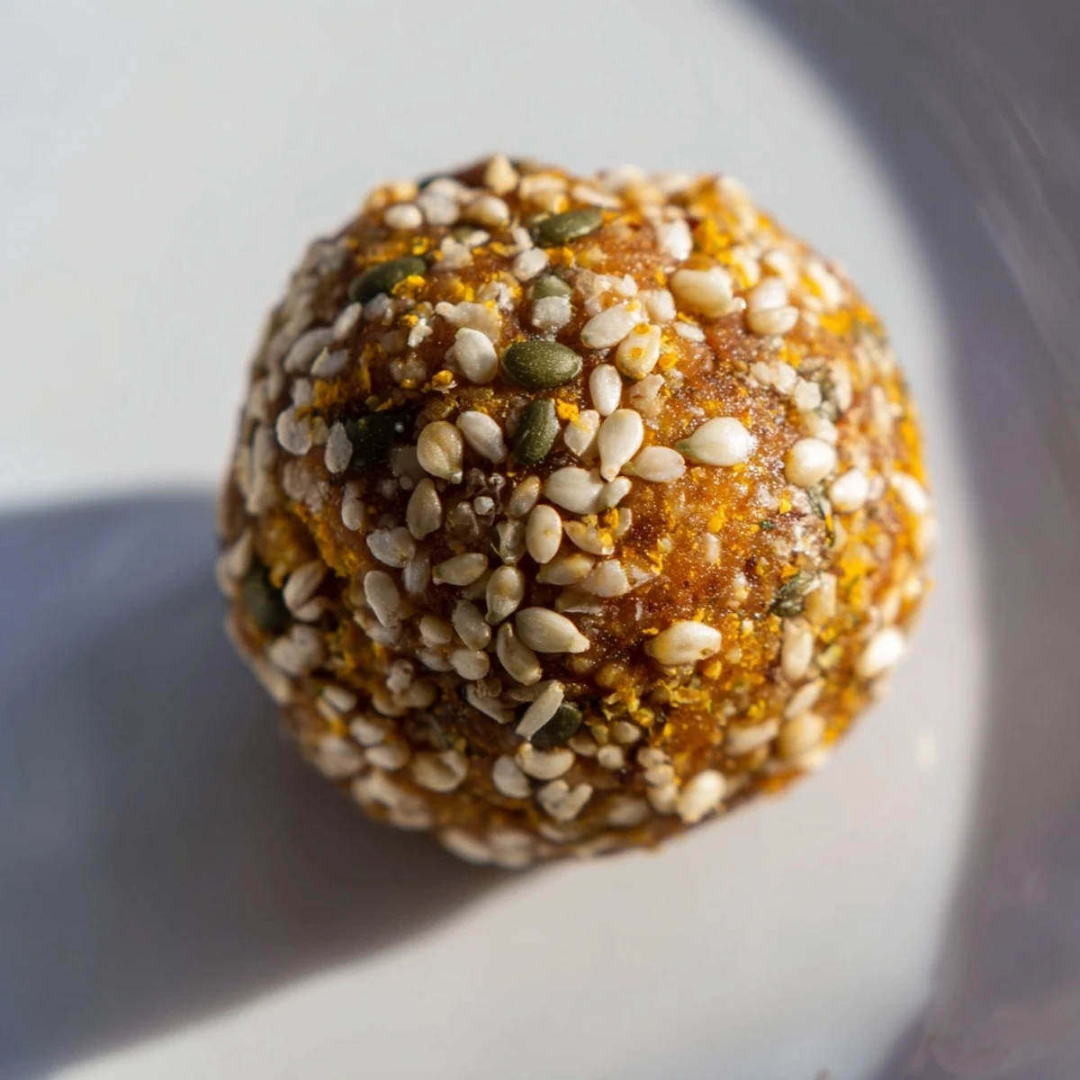 Świeżo ulepione kulki z serii Ginger Turmeric Energy Balls na drewnianej desce z plasterkiem imbiru.