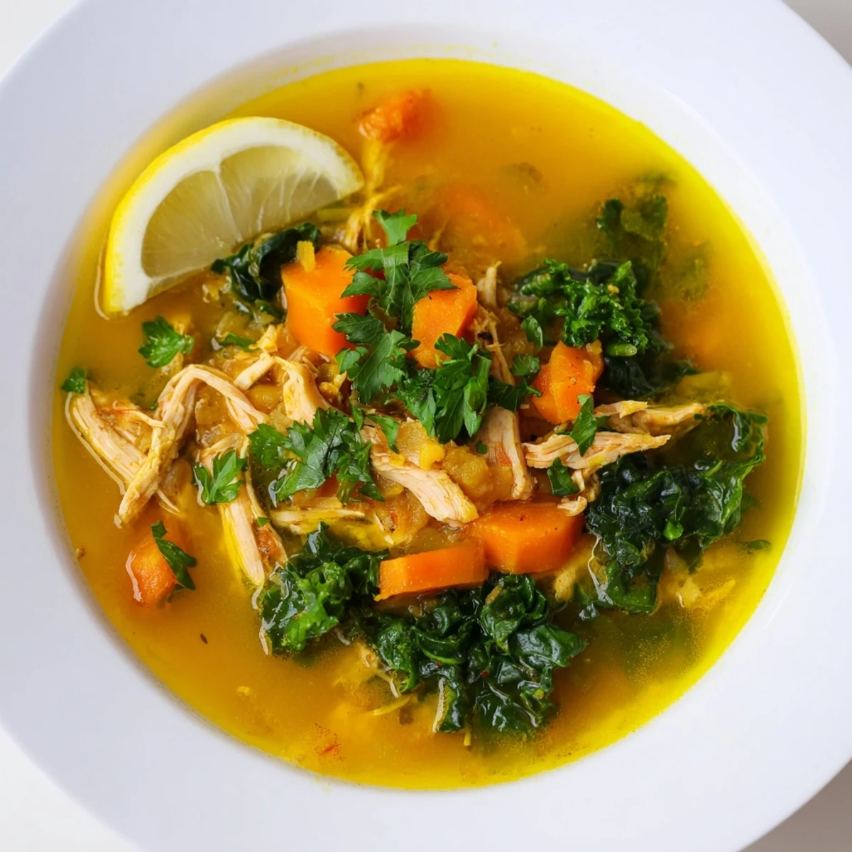 Rozgrzewająca zupa z kurczakiem z dodatkiem kurkumy i cytryny, z delikatnym jarmużem i chrupiącą marchewką.  