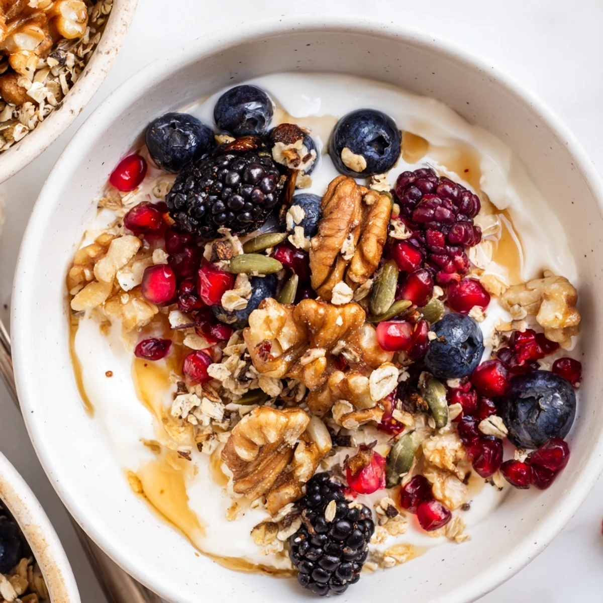 Creamy probiotic yogurt topped with jewel-toned winter berries and a golden spiced crunch with cinnamon, ginger, and nutmeg.