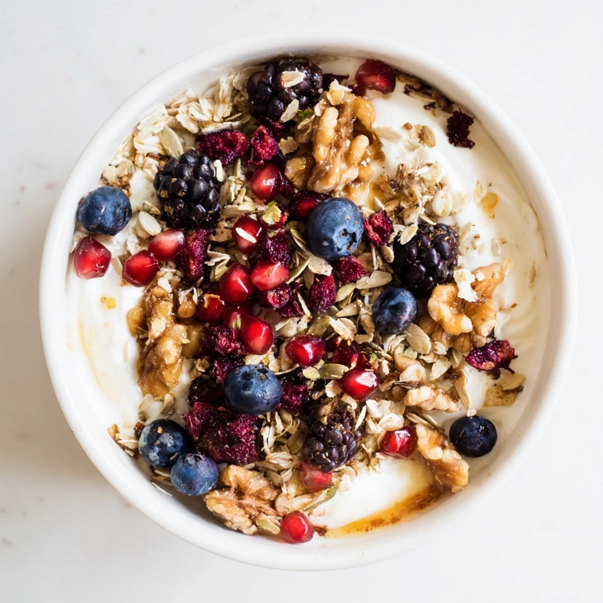 Hearty spiced crunch and bright winter berries served over smooth yogurt, perfect for a gluten-free or vegetarian breakfast.