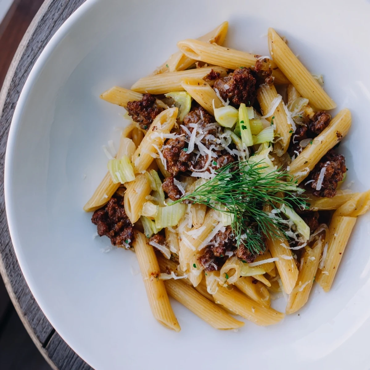 Świeża porcja zimowego makaronu z kiełbasą i koprem włoskim na talerzu, oblana lekkim aromatycznym sosem.