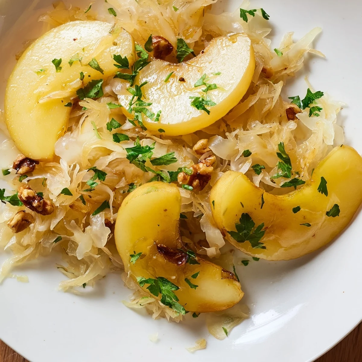 Close-up of caramelized apples and vibrant sauerkraut in a skillet, seasoned with caraway seeds for a savory-sweet German-inspired salad recipe.