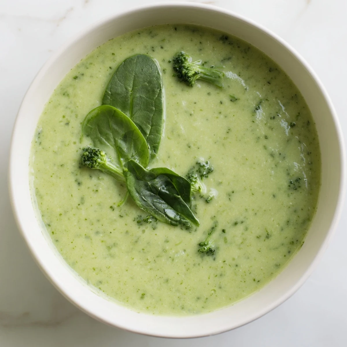 Vibrant, blended green soup with spinach and asparagus, served alongside crusty whole-grain bread for dipping.