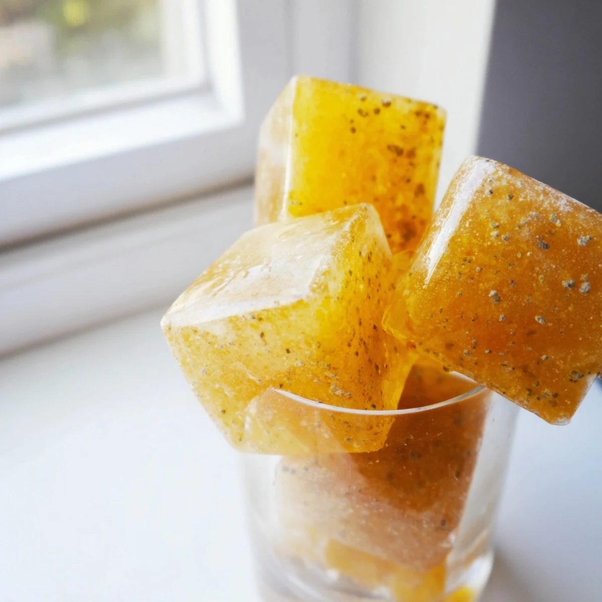Frozen Lemon Ginger Turmeric Wellness Cubes in a clear ice cube tray, glistening with natural zest and golden hue.