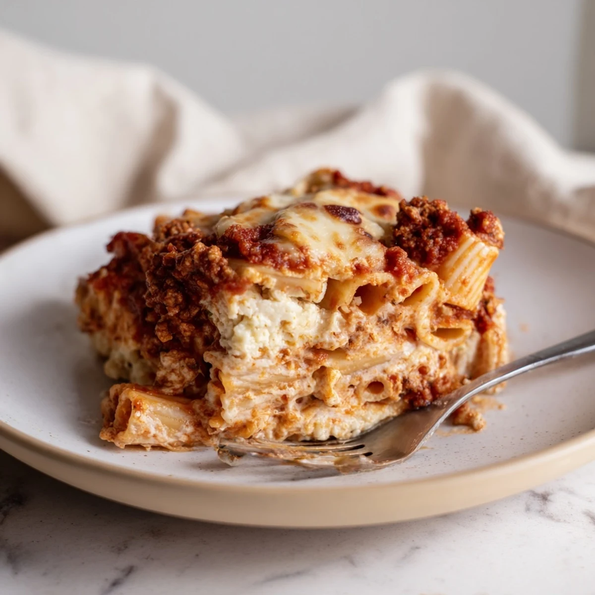Warm, golden Freezer Make-Ahead Baked Ziti with bubbling mozzarella and rich tomato sauce, served ready to reheat.  