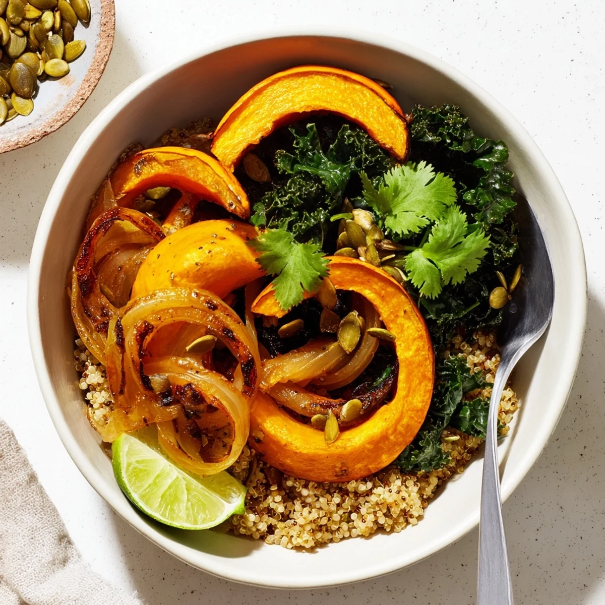 Delikatnie chrupiące, słodko-pikantne warzywa z pieczonej dyni red kuri w misce z quinoa, posypanej pestkami dyni.