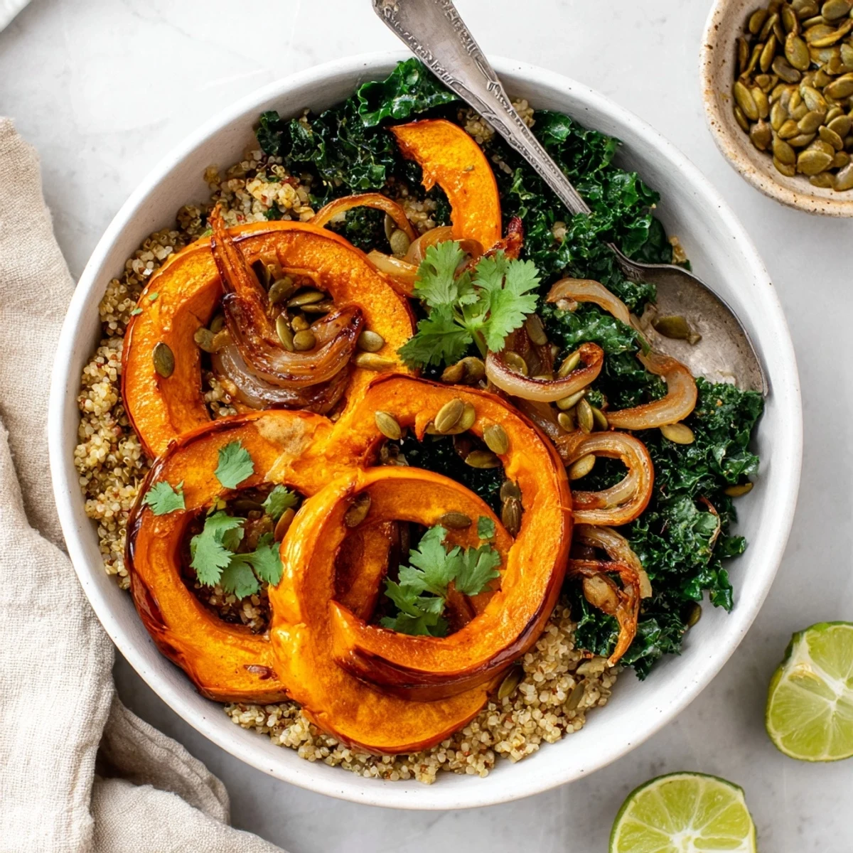 W misce czekają skarmelizowane kawałki dyni red kuri, świeża kolendra i prażone pestki dyni, idealne na jesienny obiad.