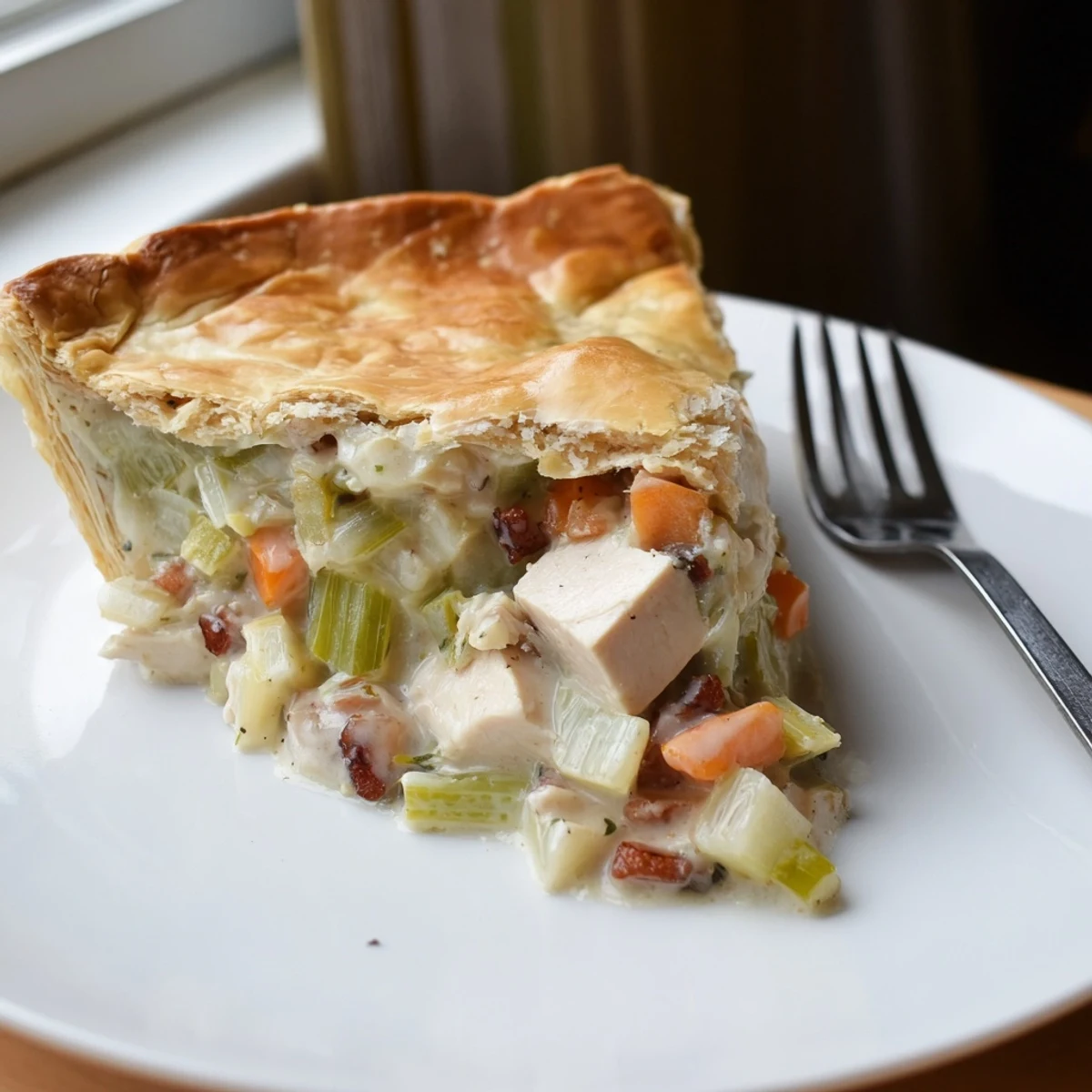 Smoky bacon and tender chicken nestled in a creamy leek sauce, topped with golden, flaky pastry.