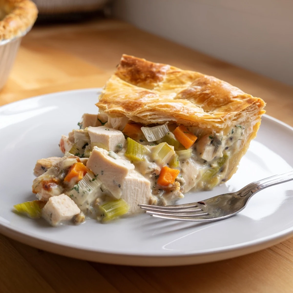Steaming Chicken and Leek Pie straight from the oven, featuring a rich filling and bubbling, buttery crust.