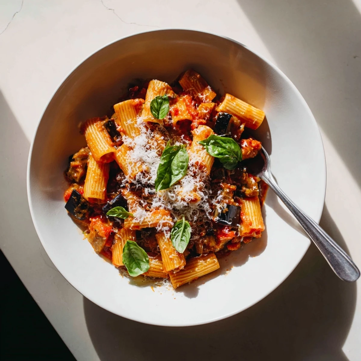 Roasted eggplant cubes for Pasta Alla Norma with golden edges, ready for the sauce.