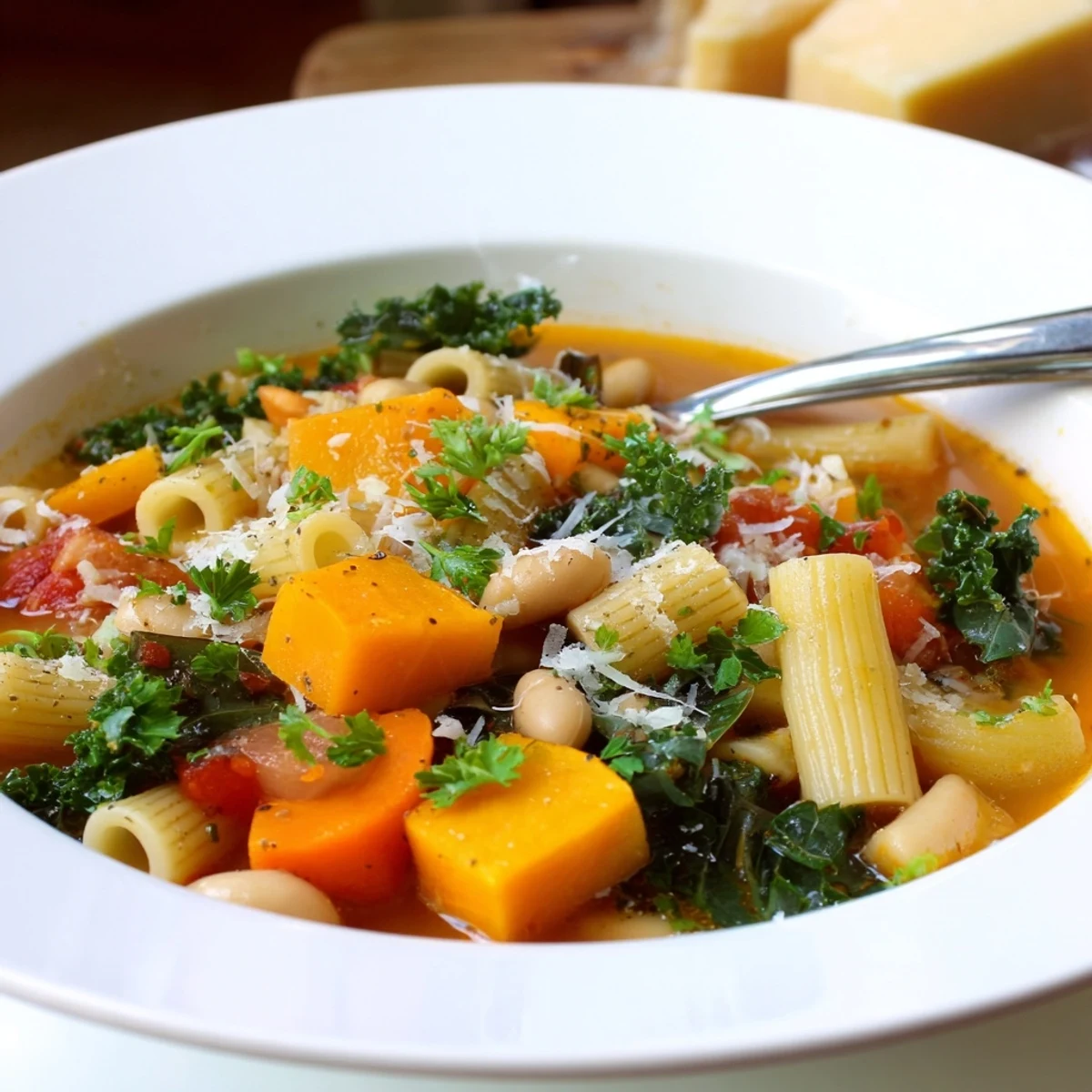 Domowe Winter Minestrone z makaronem, marchewką i natką pietruszki, podane z chrupiącą grzanką.