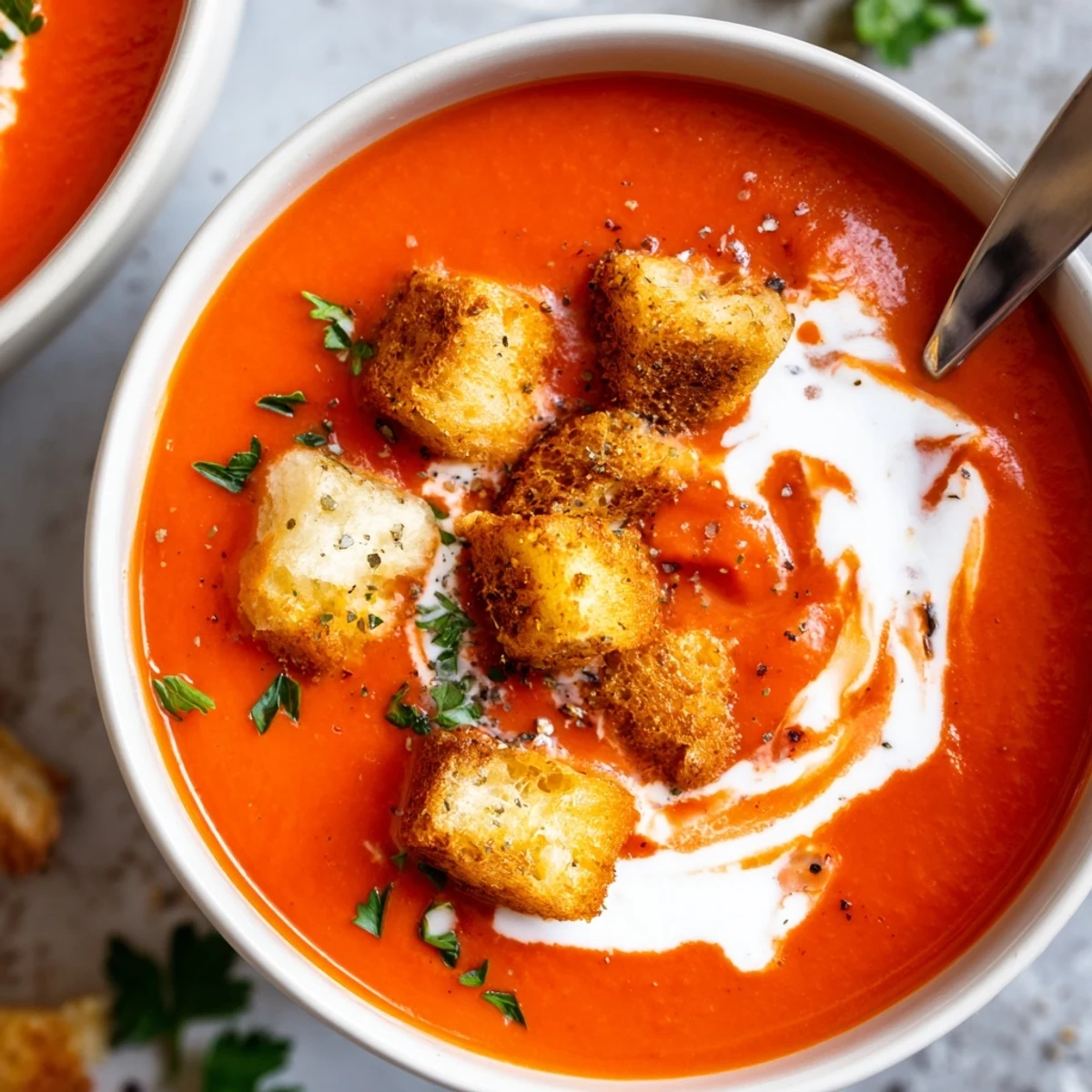 Pyszna zupa z pieczonej czerwonej papryki z chrupiącymi grzankami serwowana w głębokim talerzu.