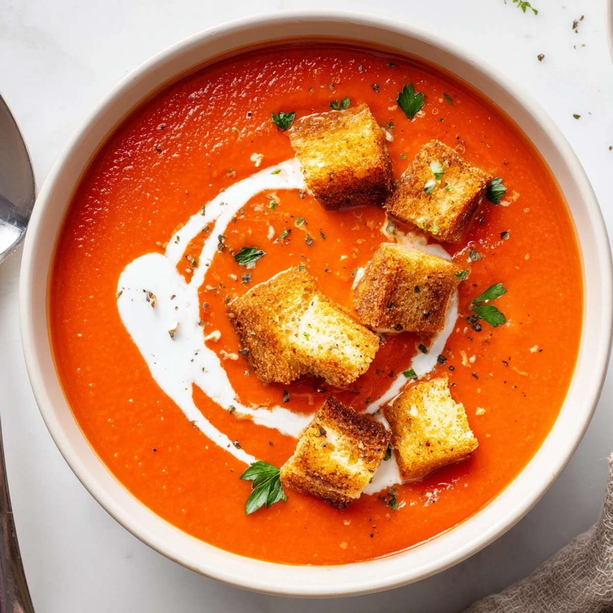 Wnętrze pomarańczowo-czerwonej zupy z pieczonej czerwonej papryki z grzankami i posypką z pietruszki.