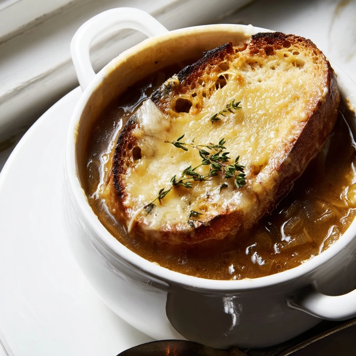 Ukazuje się klasyczna Francuska Zupa Cebulowa w żeliwnym garnku, z miękką, karmelizowaną cebulą w bulionie.