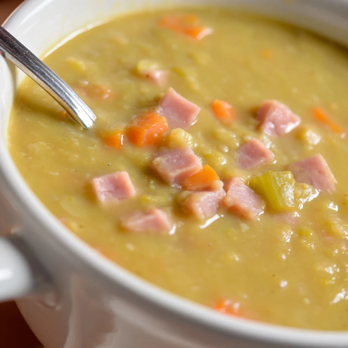 Gęsta, aromatyczna zupa grochowa z szynką, podana z chrupiącym chlebem na bazie.