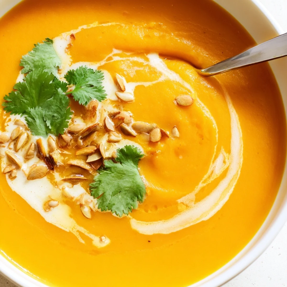 A bowl of creamy Carrot Ginger Soup, garnished with fresh cilantro and a swirl of coconut milk, steaming on a rustic table.