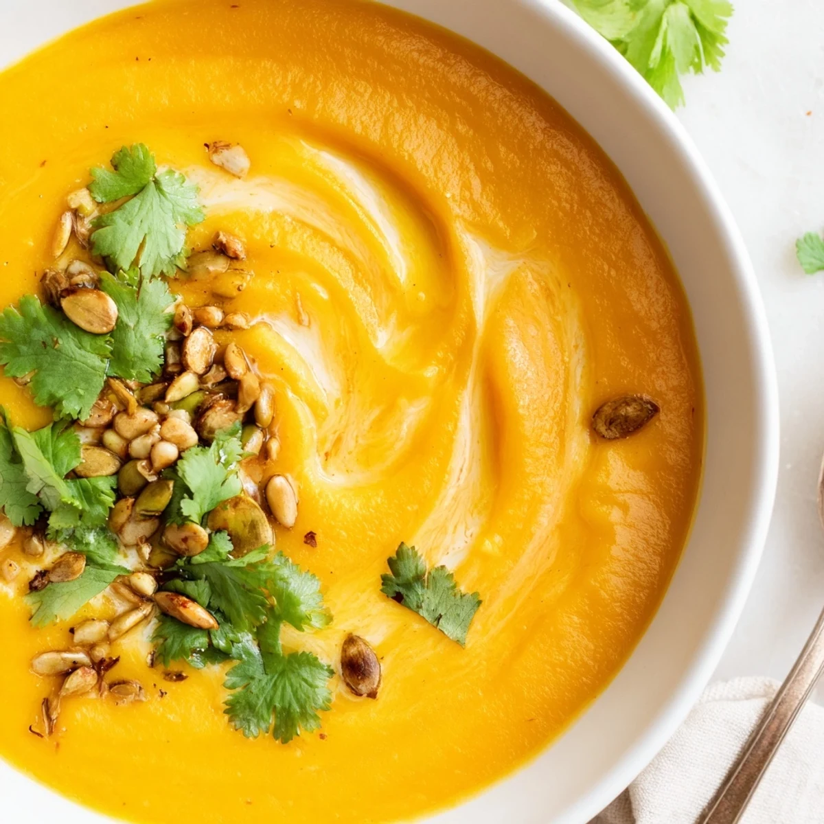 Warm, velvety Carrot Ginger Soup with vibrant orange hues, served in a ceramic bowl alongside a slice of crusty bread.