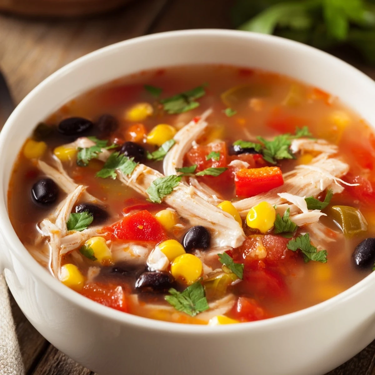 Southwestern Turkey Soup steaming in a rustic bowl, garnished with cilantro, avocado, and crumbled tortilla chips for a vibrant Tex-Mex meal.