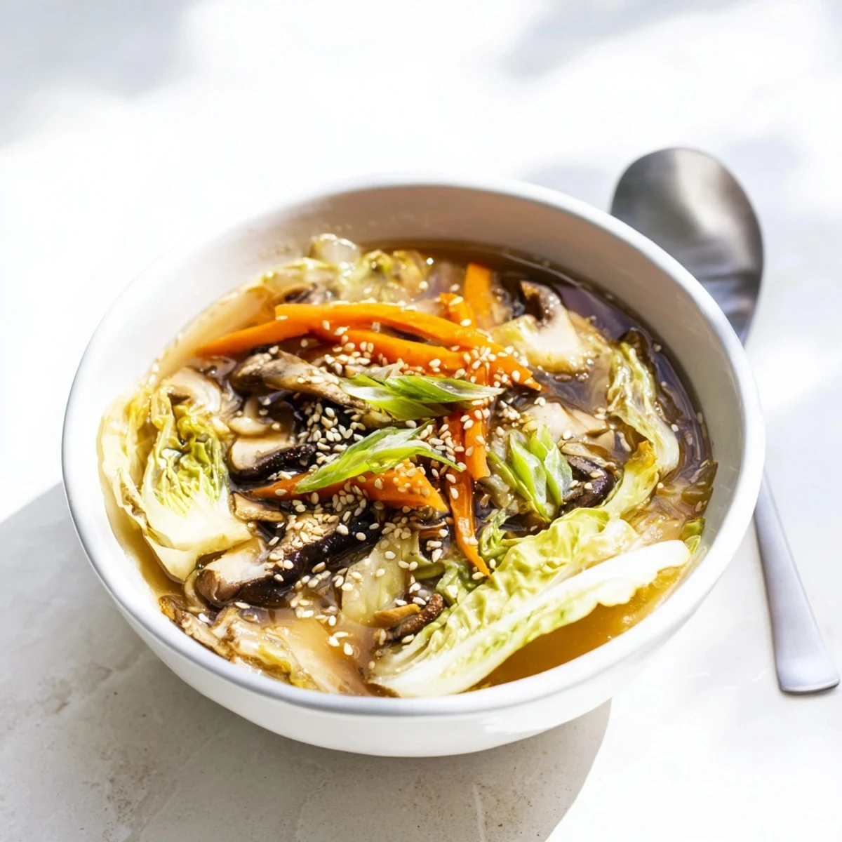 Spoons poised above steaming Ginger-Miso Winter Soup, featuring napa cabbage, tofu, and chili oil, ready for a cozy dinner.