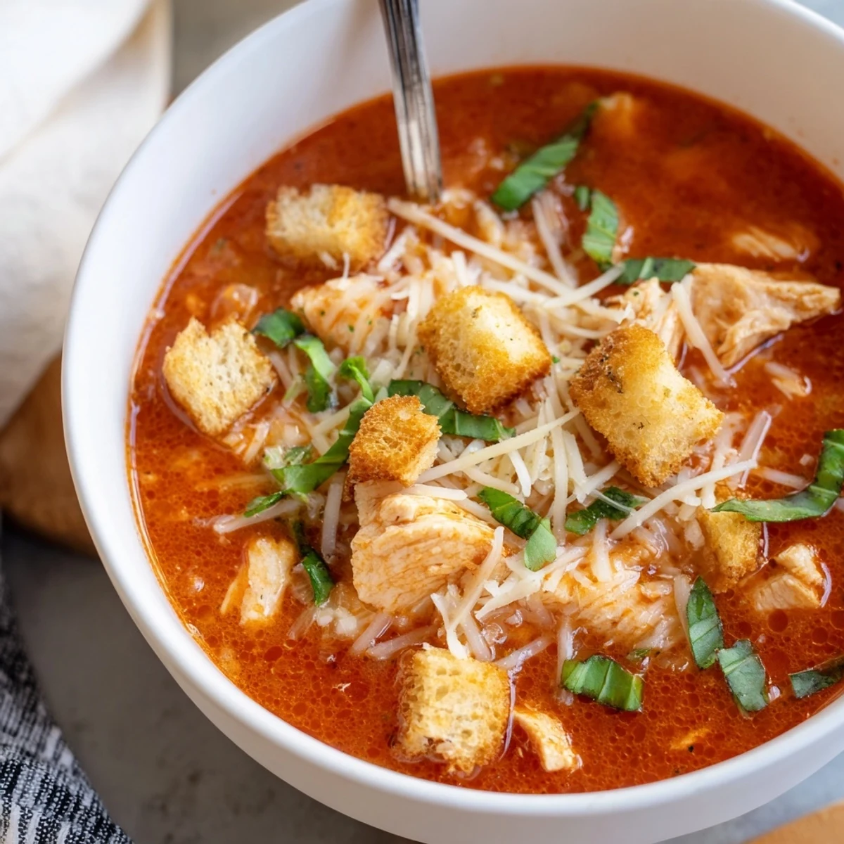 Grilled Chicken Parmesan Soup with shredded chicken and gooey mozzarella, served with garlic croutons